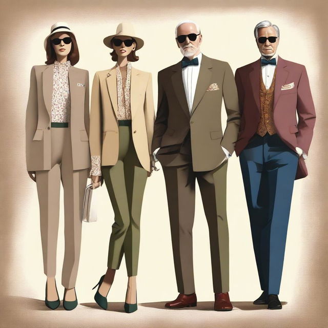 A high-definition digital art image that elegantly displays simple, chic 'old money' outfits for both men and women