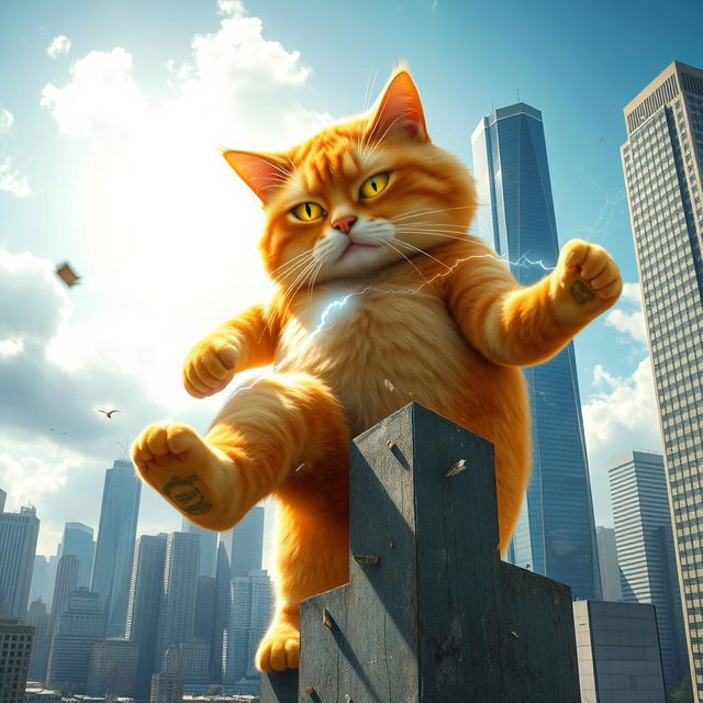 A colossal orange bodybuilder cat, larger than towering skyscrapers, is generating vibrant electricity from its glowing eyes