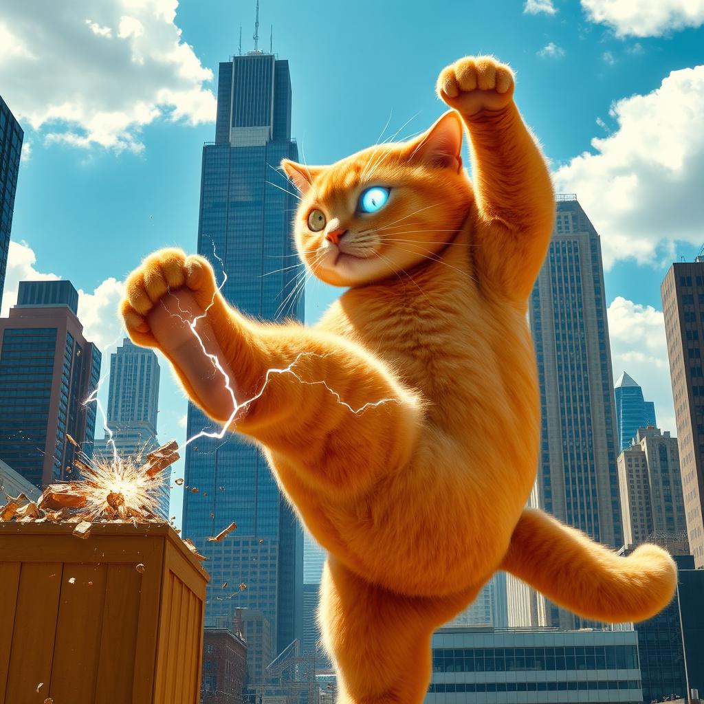 A colossal orange bodybuilder cat, larger than towering skyscrapers, is generating vibrant electricity from its glowing eyes