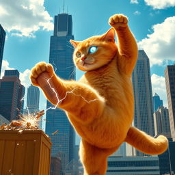 A colossal orange bodybuilder cat, larger than towering skyscrapers, is generating vibrant electricity from its glowing eyes