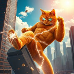A colossal orange bodybuilder cat, larger than towering skyscrapers, is generating vibrant electricity from its glowing eyes