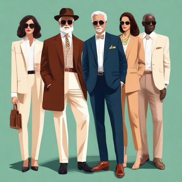 A high-resolution digital art image depicting simple, elegant, and chic casual 'old money' outfits for both men and women