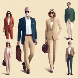 A high-resolution digital art image depicting simple, elegant, and chic casual 'old money' outfits for both men and women