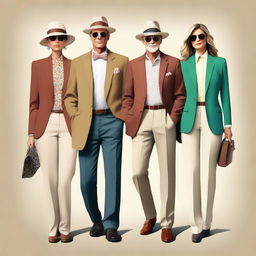 A high-resolution digital art image depicting simple, elegant, and chic casual 'old money' outfits for both men and women