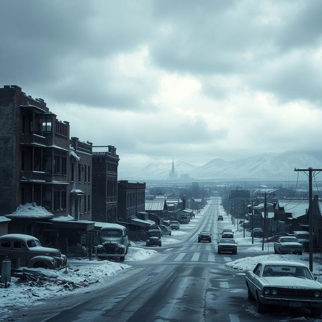 A desolate town in the aftermath of a nuclear winter, showcasing a chilling landscape of destruction and decay