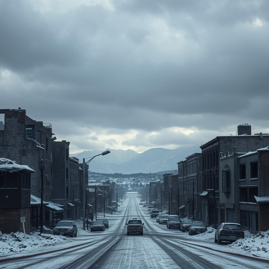 A desolate town in the aftermath of a nuclear winter, showcasing a chilling landscape of destruction and decay