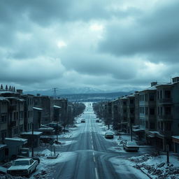 A desolate town in the aftermath of a nuclear winter, showcasing a chilling landscape of destruction and decay
