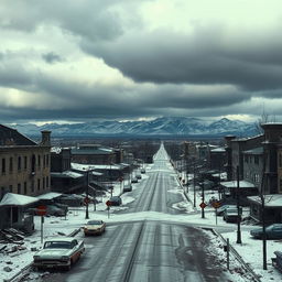 A desolate town in the aftermath of a nuclear winter, showcasing a chilling landscape of destruction and decay