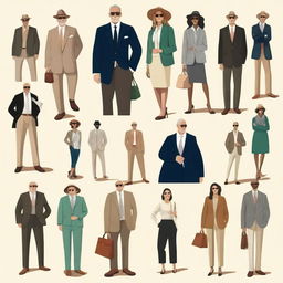 A high-resolution digital art image depicting simple, elegant, and chic casual 'old money' outfits for both men and women