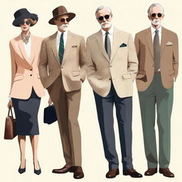 An exquisite high-resolution digital art image illustrating simple, elegant, and chic semi-formal 'old money' outfits for both men and women