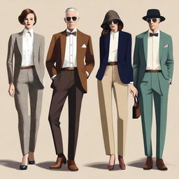 An exquisite high-resolution digital art image illustrating simple, elegant, and chic semi-formal 'old money' outfits for both men and women