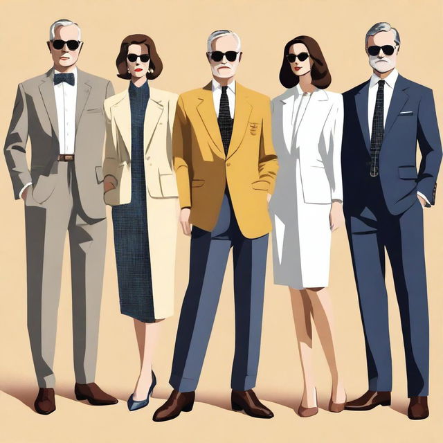 An exquisite high-resolution digital art image illustrating simple, elegant, and chic semi-formal 'old money' outfits for both men and women