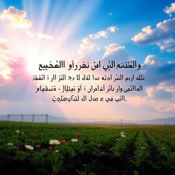 An artistic representation juxtaposing the beautiful quote "مَا مِنْ قَطْرَةٍ أَحَبُّ إِلَى اللَّهِ عَزَّ وَجَلَّ مِنْ قَطْرَةِ دَمٍ فِي سَبِيلِ اللَّهِ" in elegant, calligraphic Arabic script, against a vibrant background depicting a scenic, serene landscape of a battlefield at dawn