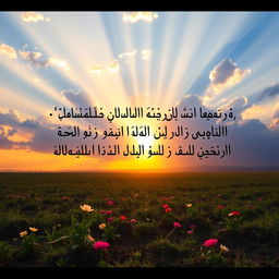 An artistic representation juxtaposing the beautiful quote "مَا مِنْ قَطْرَةٍ أَحَبُّ إِلَى اللَّهِ عَزَّ وَجَلَّ مِنْ قَطْرَةِ دَمٍ فِي سَبِيلِ اللَّهِ" in elegant, calligraphic Arabic script, against a vibrant background depicting a scenic, serene landscape of a battlefield at dawn