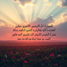An artistic representation juxtaposing the beautiful quote "مَا مِنْ قَطْرَةٍ أَحَبُّ إِلَى اللَّهِ عَزَّ وَجَلَّ مِنْ قَطْرَةِ دَمٍ فِي سَبِيلِ اللَّهِ" in elegant, calligraphic Arabic script, against a vibrant background depicting a scenic, serene landscape of a battlefield at dawn