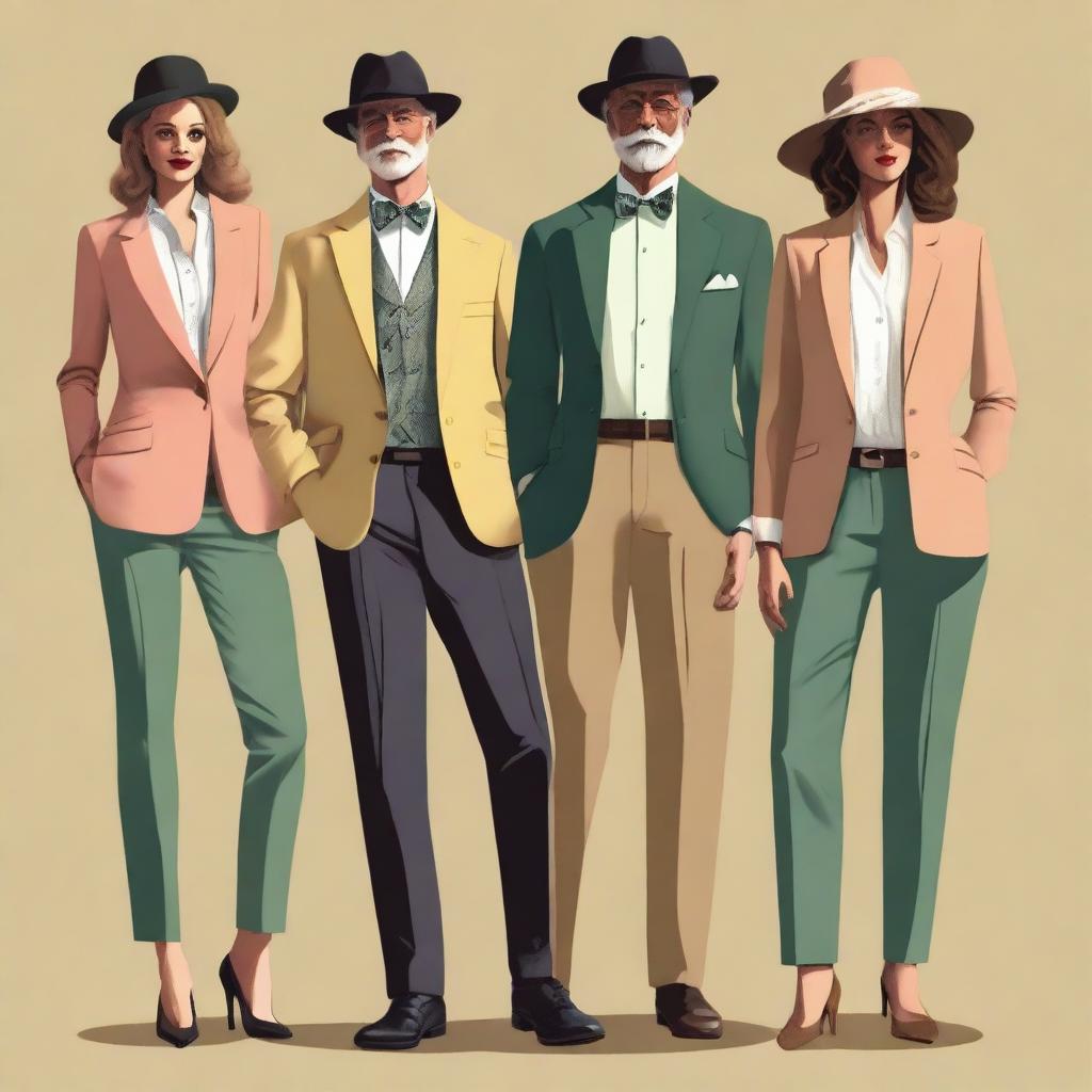 A high-definition digital art image presenting simple semi-formal 'old money' outfits for both men and women