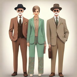 A high-definition digital art image presenting simple semi-formal 'old money' outfits for both men and women