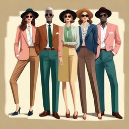 A high-definition digital art image presenting simple semi-formal 'old money' outfits for both men and women