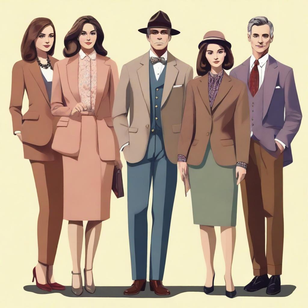 A high-definition digital art image presenting simple semi-formal 'old money' outfits for both men and women