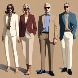 A high-quality digital art image displaying modern casual 'old money' outfits for both men and women