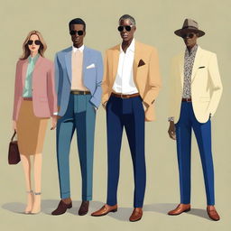 A high-quality digital art image displaying modern casual 'old money' outfits for both men and women