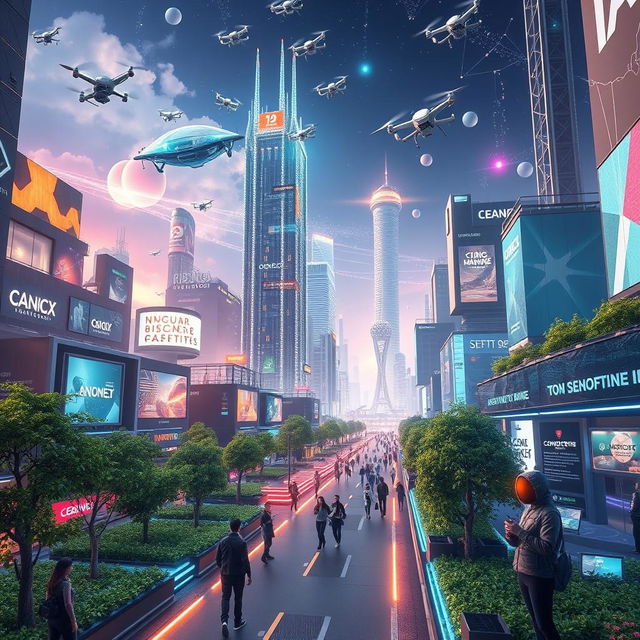 A futuristic cityscape showcasing advanced nanotechnology, with shimmering nanobots floating and constructing buildings in real-time