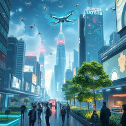 A futuristic cityscape showcasing advanced nanotechnology, with shimmering nanobots floating and constructing buildings in real-time