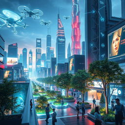 A futuristic cityscape showcasing advanced nanotechnology, with shimmering nanobots floating and constructing buildings in real-time