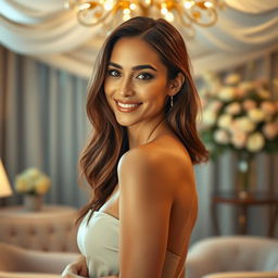 A stunningly beautiful woman posing confidently, with a captivating smile and flawless skin, standing elegantly in a tastefully decorated room filled with soft lighting