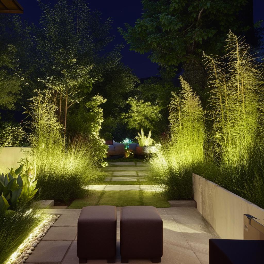 An aesthetically pleasing design of an outdoor landscape with diverse plant life, stylish furniture, and creative lighting.