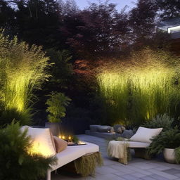 An aesthetically pleasing design of an outdoor landscape with diverse plant life, stylish furniture, and creative lighting.