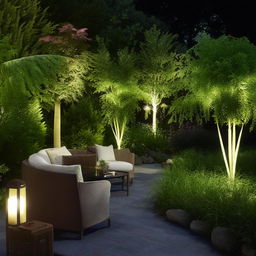 An aesthetically pleasing design of an outdoor landscape with diverse plant life, stylish furniture, and creative lighting.