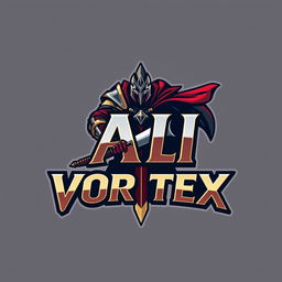 A dynamic and eye-catching 2D logo design featuring a stylized warrior theme, incorporating bold typography for the name 'ALI VORTEX'