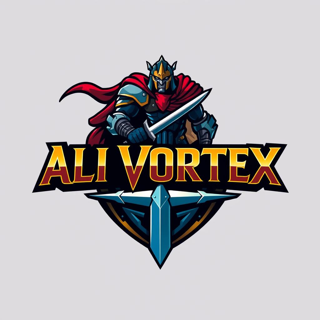 A dynamic and eye-catching 2D logo design featuring a stylized warrior theme, incorporating bold typography for the name 'ALI VORTEX'