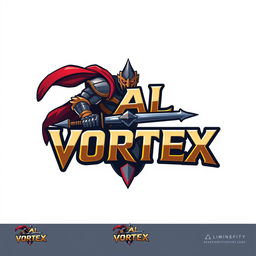 A dynamic and eye-catching 2D logo design featuring a stylized warrior theme, incorporating bold typography for the name 'ALI VORTEX'