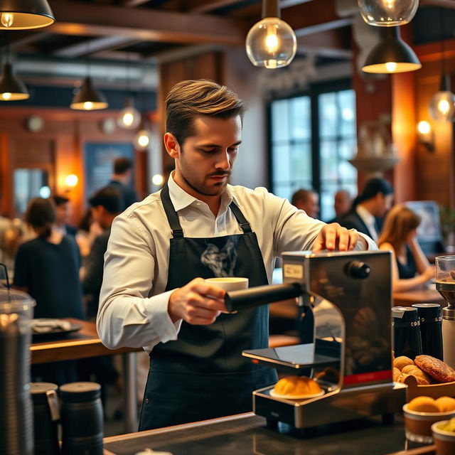 A skilled bartender in a bustling restaurant, expertly preparing a cup of coffee