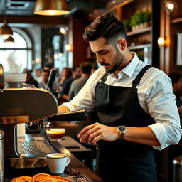 A skilled bartender in a bustling restaurant, expertly preparing a cup of coffee