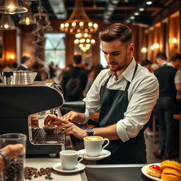 A skilled bartender in a bustling restaurant, expertly preparing a cup of coffee