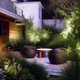 An aesthetically pleasing design of an outdoor landscape with diverse plant life, stylish furniture, and creative lighting.