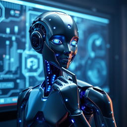 A futuristic, sleek AI humanoid with metallic skin, glowing blue circuits, and an elegant design