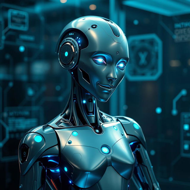 A futuristic, sleek AI humanoid with metallic skin, glowing blue circuits, and an elegant design