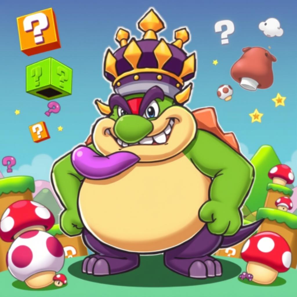 A cartoon-style illustration of King Wart, also known as Mamu, in a vibrant Super Mario theme