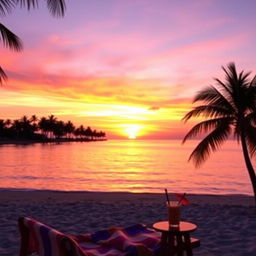 A vibrant and aesthetically pleasing social media image featuring a scenic sunset over a tranquil beach