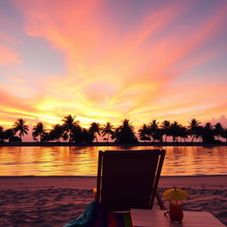 A vibrant and aesthetically pleasing social media image featuring a scenic sunset over a tranquil beach