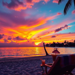 A vibrant and aesthetically pleasing social media image featuring a scenic sunset over a tranquil beach