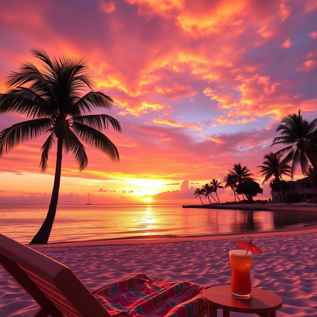 A vibrant and aesthetically pleasing social media image featuring a scenic sunset over a tranquil beach