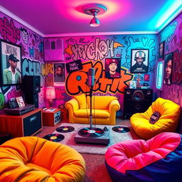 A rapper's room designed in the playful and colorful style of the game IncredyBox, featuring a vibrant graffiti-covered wall, eclectic furniture with quirky designs, a large microphone stand in the center, posters of famous hip-hop artists, a turntable setup with vinyl records scattered around, plush bean bags in bright colors, and a cozy corner with a small recording booth