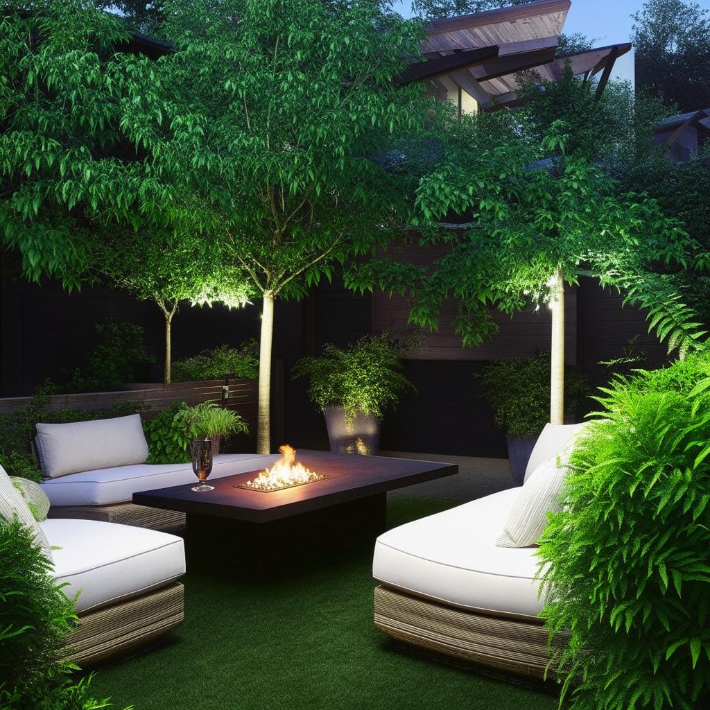 A well-designed outdoor space complete with lush greenery, elegant outdoor furniture, cozy fire pit area and ambient lighting