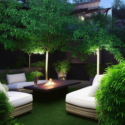 A well-designed outdoor space complete with lush greenery, elegant outdoor furniture, cozy fire pit area and ambient lighting