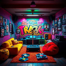 A rapper's room designed in the playful and colorful style of the game IncredyBox, featuring a vibrant graffiti-covered wall, eclectic furniture with quirky designs, a large microphone stand in the center, posters of famous hip-hop artists, a turntable setup with vinyl records scattered around, plush bean bags in bright colors, and a cozy corner with a small recording booth